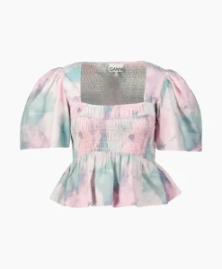 Ganni Blouse Printed Cotton Open-Neck Smock Rose*Dames Blouses