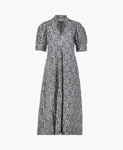 Ganni Midi Jurk Printed Cotton V-Neck Long Ecru*Dames Jurken