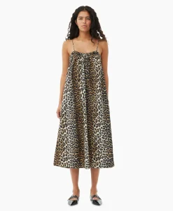 Ganni Midi Jurk Printed Cotton Strap Bruin*Dames Jurken