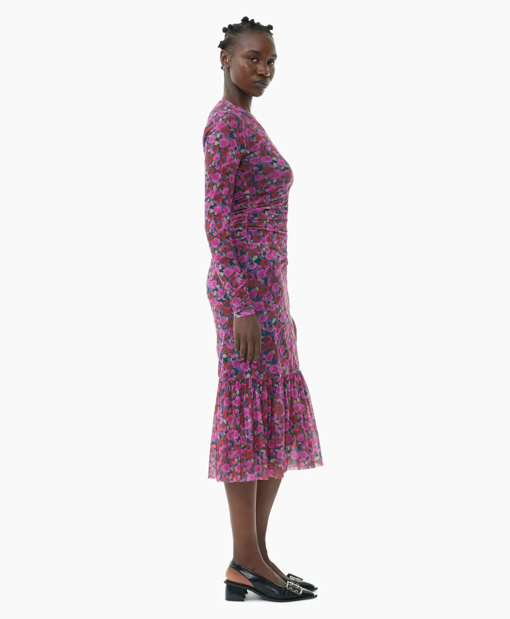 Ganni Midi Jurk Printed Mesh Long Sleeve Gathered Roze*Dames Jurken